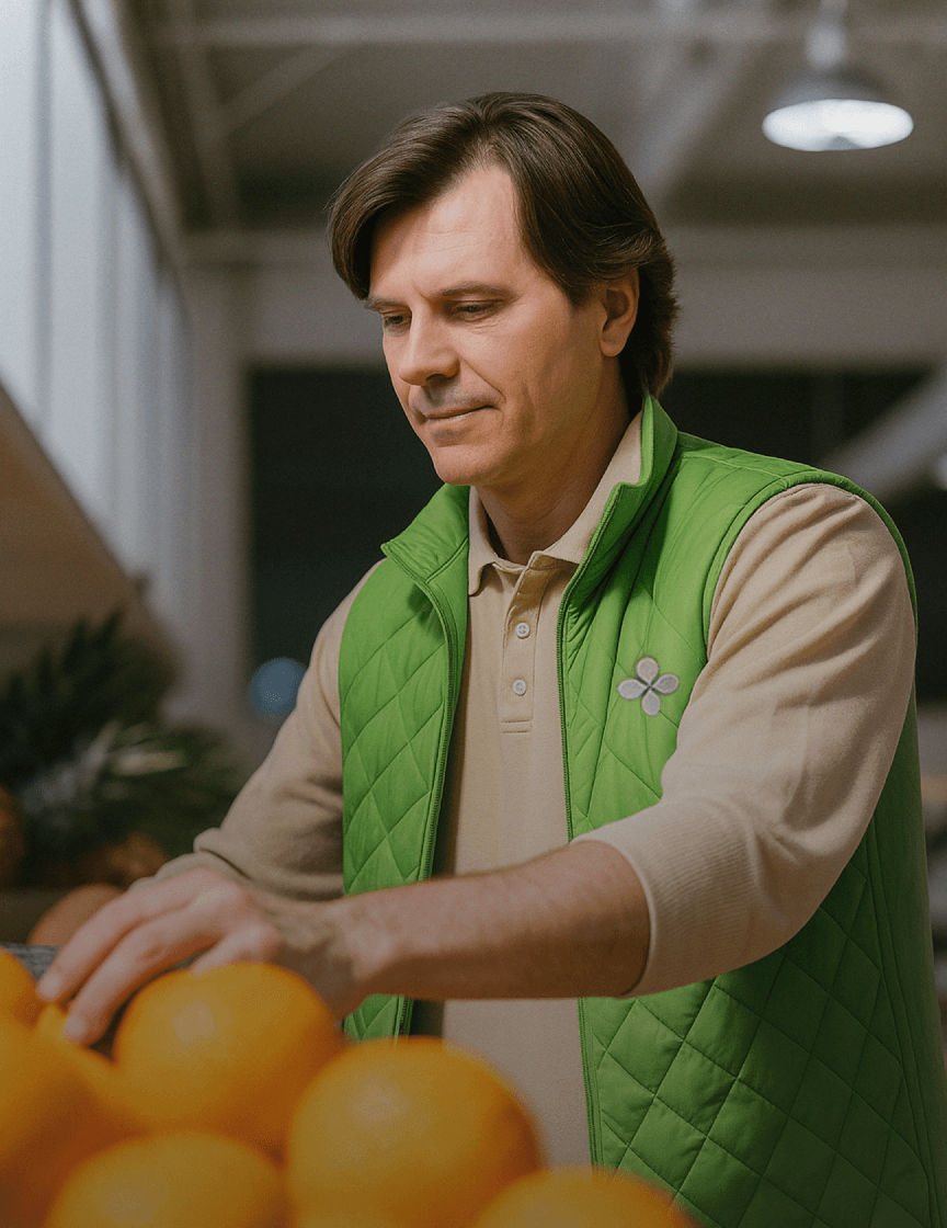 Мужчина раскладывает фрукты на полке в супермаркете